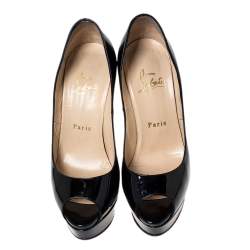 Pre Owned Christian Louboutin Black Patent Leather Lady Peep Toe Platform Pumps Size 36