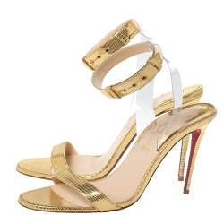 Pre Owned Christian Louboutin Gold Lizard Embossed Leather And PVC Jonatina Sandals Size 37.5