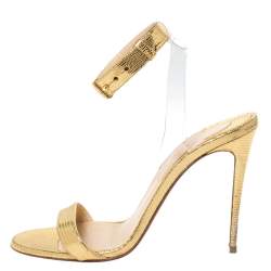 Pre Owned Christian Louboutin Gold Lizard Embossed Leather And PVC Jonatina Sandals Size 37.5