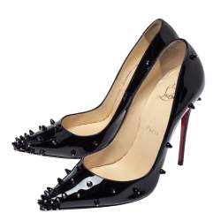 مملوكة مسبقًا حذاء كعب عالي كريستيان لوبوتان مزخرف بسبايك مزين بألماس جلد لامع أسود مقاس 37.5