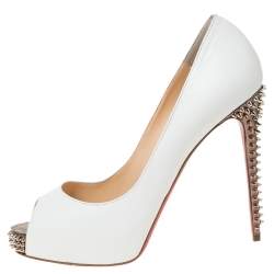 مملوكة مسبقًا Christian Louboutin White Leather New Prive Spiked Peep Toe Pumps Size 37