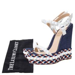 Pre Owned Christian Louboutin White Leather Cataclou Denim Wedge Platform Ankle Strap Sandals Size 37