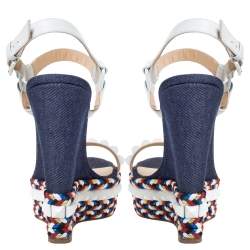 Pre Owned Christian Louboutin White Leather Cataclou Denim Wedge Platform Ankle Strap Sandals Size 37