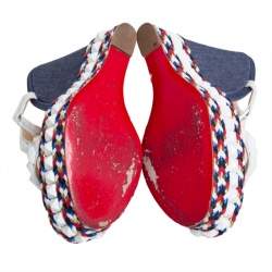 Pre Owned Christian Louboutin White Leather Cataclou Denim Wedge Platform Ankle Strap Sandals Size 37