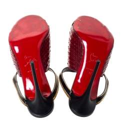 Pre Owned Christian Louboutin Black/Red Leather And Python Chain Embellished Akenana Sandals Size 37