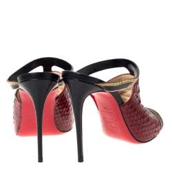 Pre Owned Christian Louboutin Black/Red Leather And Python Chain Embellished Akenana Sandals Size 37