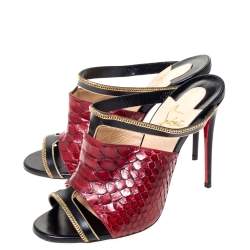 Pre Owned Christian Louboutin Black/Red Leather And Python Chain Embellished Akenana Sandals Size 37