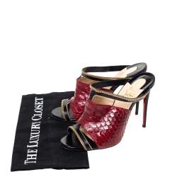 Pre Owned Christian Louboutin Black/Red Leather And Python Chain Embellished Akenana Sandals Size 37