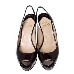 Pre Owned صندل كريستيان لوبوتان ليدي جلد عنابي داكن لامع مقدمة مفتوحة نعل سميك حزام كاحل مقاس 37.5