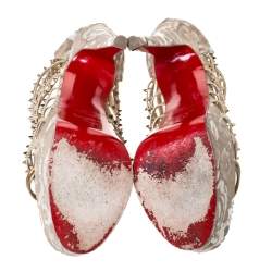 Pre Owned Christian Louboutin Beige/Gold Leather Spike Millaclou Cage Platform Sandals Size 38