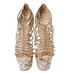 Pre Owned Christian Louboutin Beige/Gold Leather Spike Millaclou Cage Platform Sandals Size 38