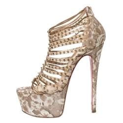 Pre Owned Christian Louboutin Beige/Gold Leather Spike Millaclou Cage Platform Sandals Size 38