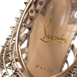 Pre Owned Christian Louboutin Beige/Gold Leather Spike Millaclou Cage Platform Sandals Size 38