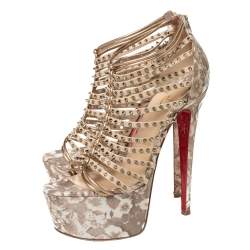 Pre Owned Christian Louboutin Beige/Gold Leather Spike Millaclou Cage Platform Sandals Size 38