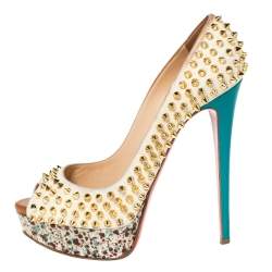Christian Louboutin Multicolor Lady Peep Toe Spikes Platform Pumps Size 38.5