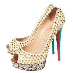 Christian Louboutin Multicolor Lady Peep Toe Spikes Platform Pumps Size 38.5