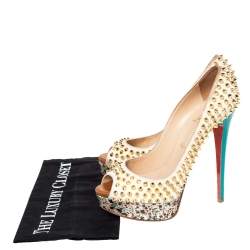 Christian Louboutin Multicolor Lady Peep Toe Spikes Platform Pumps Size 38.5