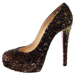 Pre Owned حذاء كعب عالي كريستيان لوبوتان بيانكا بني بترتر مزخرف نعل سميك مقاس 39.5