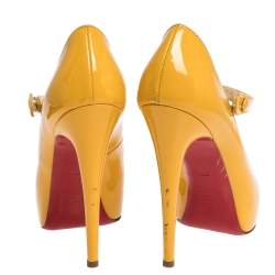 Pre Owned Christian Louboutin Yellow Leather Zeppa Mary Jane Peep Top Platform Pumps Size 38.5