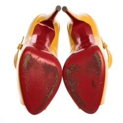 Pre Owned Christian Louboutin Yellow Leather Zeppa Mary Jane Peep Top Platform Pumps Size 38.5
