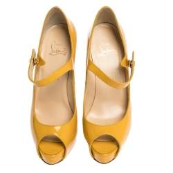 Pre Owned Christian Louboutin Yellow Leather Zeppa Mary Jane Peep Top Platform Pumps Size 38.5