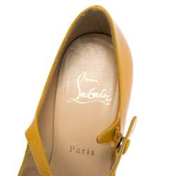 Pre Owned Christian Louboutin Yellow Leather Zeppa Mary Jane Peep Top Platform Pumps Size 38.5