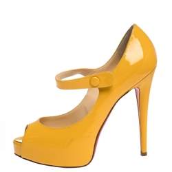 Pre Owned Christian Louboutin Yellow Leather Zeppa Mary Jane Peep Top Platform Pumps Size 38.5