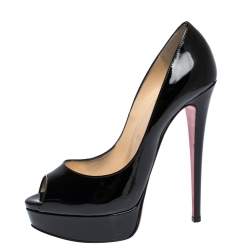 Pre Owned Christian Louboutin Black Patent Leather Lady Peep Toe Platform Pumps Size 38.5