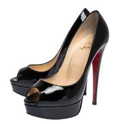 Pre Owned Christian Louboutin Black Patent Leather Lady Peep Toe Platform Pumps Size 38.5