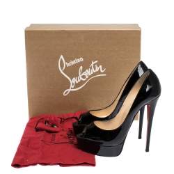 Pre Owned Christian Louboutin Black Patent Leather Lady Peep Toe Platform Pumps Size 38.5