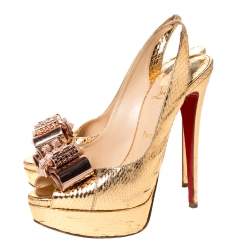 Christian Louboutin Metallic Gold Python Embossed Leather Lady Clou Platform Slingback Sandals Size 39