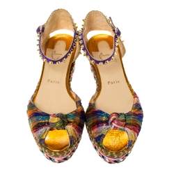 Pre Owned Christian Louboutin Multicolor Fabric And Raffia Spike Madcarina Espadrille Sandals Size 40