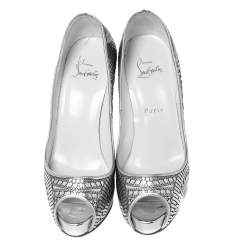 Pre Owned Christian Louboutin Silver Leather Suellena Peep Toe Platform Pumps Size 37.5