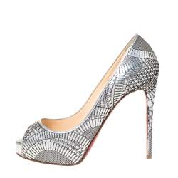 Pre Owned Christian Louboutin Silver Leather Suellena Peep Toe Platform Pumps Size 37.5