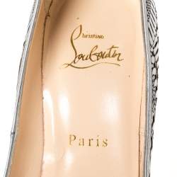 Pre Owned Christian Louboutin Silver Leather Suellena Peep Toe Platform Pumps Size 37.5