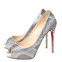 Pre Owned Christian Louboutin Silver Leather Suellena Peep Toe Platform Pumps Size 37.5