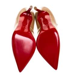 Pre Owned Christian Louboutin Beige Patent Leather V Neck Double Buckle Pumps Size 37.5