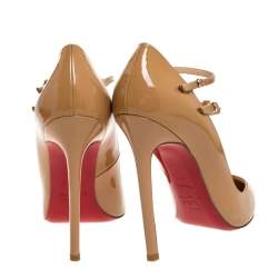 Pre Owned Christian Louboutin Beige Patent Leather V Neck Double Buckle Pumps Size 37.5