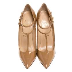 Pre Owned Christian Louboutin Beige Patent Leather V Neck Double Buckle Pumps Size 37.5