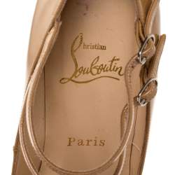 Pre Owned Christian Louboutin Beige Patent Leather V Neck Double Buckle Pumps Size 37.5