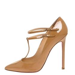 Pre Owned Christian Louboutin Beige Patent Leather V Neck Double Buckle Pumps Size 37.5
