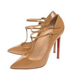 Pre Owned Christian Louboutin Beige Patent Leather V Neck Double Buckle Pumps Size 37.5