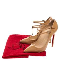 Pre Owned Christian Louboutin Beige Patent Leather V Neck Double Buckle Pumps Size 37.5
