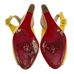 Pre Owned Christian Louboutin Yellow Canvas Puglia Espadrille Wedge Peep Toe Slingback Sandals Size 40