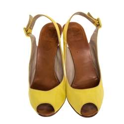 Pre Owned Christian Louboutin Yellow Canvas Puglia Espadrille Wedge Peep Toe Slingback Sandals Size 40