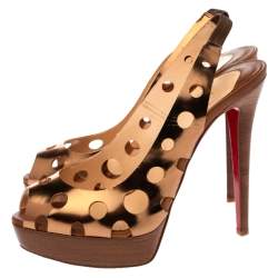 Pre Owned Christian Louboutin Bronze Leather Ginza Platform Slingback Sandals Size 39.5