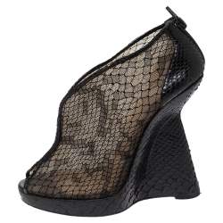 Christian Louboutin Black Mesh And Python Leather Janet Wedge Booties Size 36