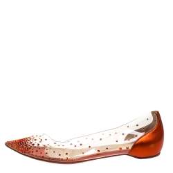 Pre Owned Christian Louboutin Metallic Orange Leather And PVC Degrastrass Pointed Toe Ballet Flats Size 38.5