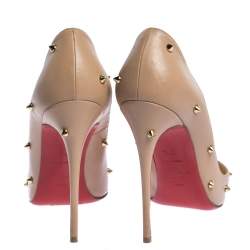 Pre Owned Christian Louboutin Beige Spike Embellished Leather Degraspike Pointed Toe Pumps Size 37.5
