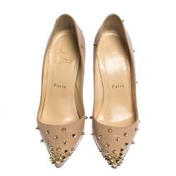 Pre Owned Christian Louboutin Beige Spike Embellished Leather Degraspike Pointed Toe Pumps Size 37.5